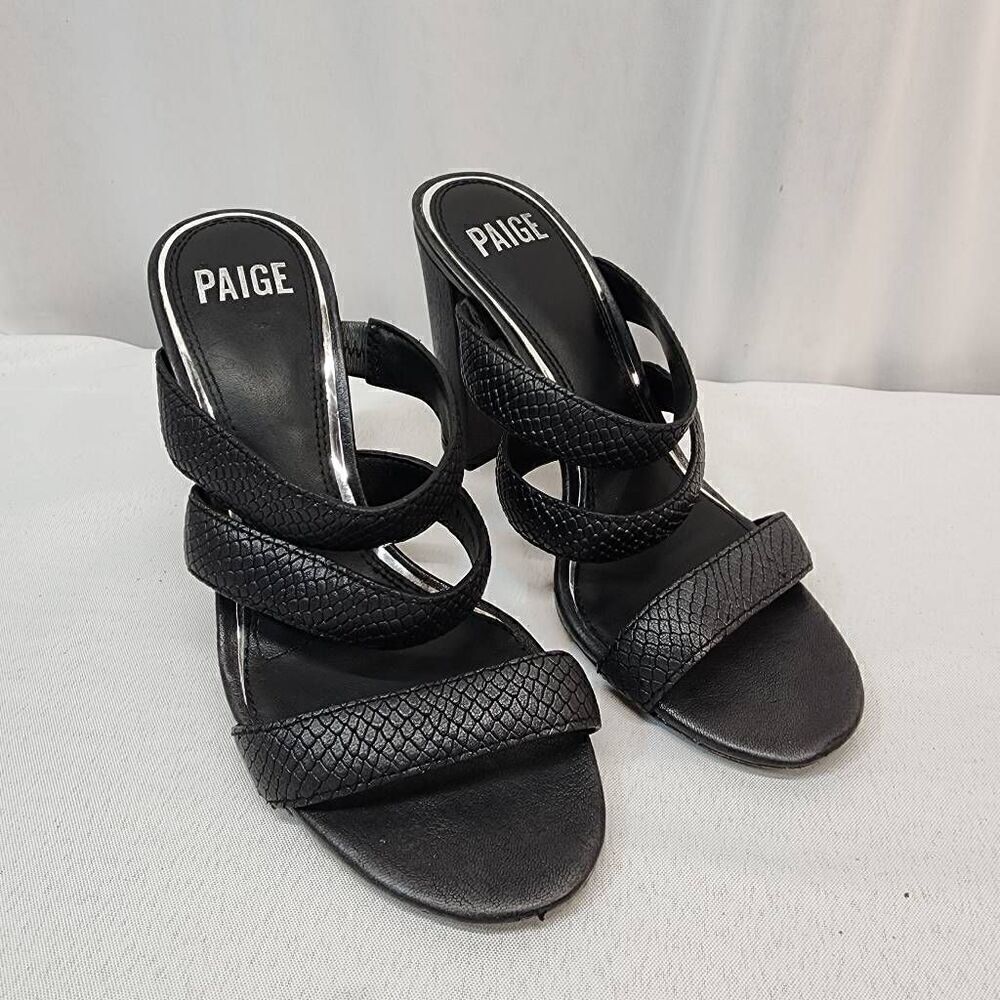 Paige Size 7 Nora Black Leather Snakeskin Embossing Strap Block Heel Sandals Y